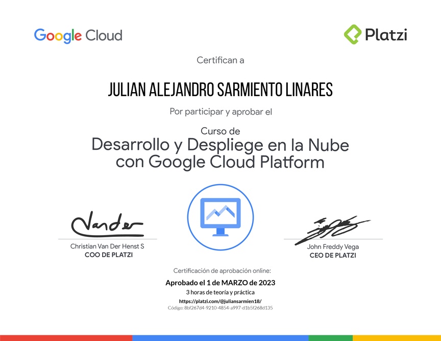 Diploma del Curso de Desarrollo y Despliegue en la Nube con Google Cloud Platform