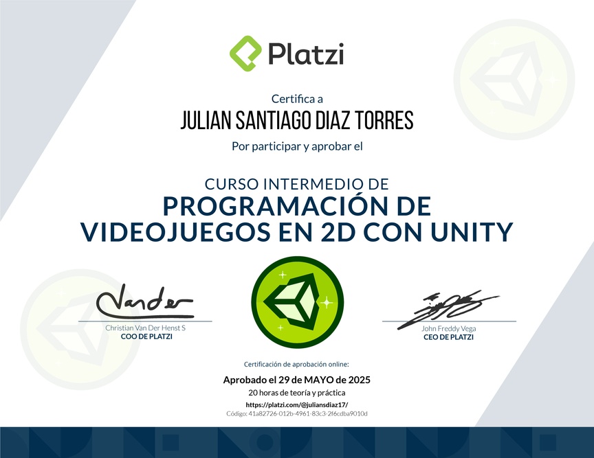 Diploma del Curso de Programación 2D con Unity: Intermedio
