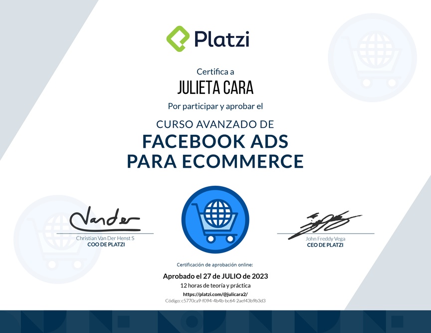 Diploma del Curso de Gestión de Campañas en Facebook Ads para E-Commerce