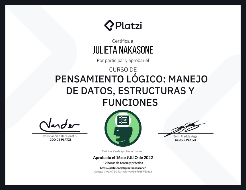 Diploma del Curso de Pensamiento Lógico: Manejo de Datos, Estructuras y Funciones