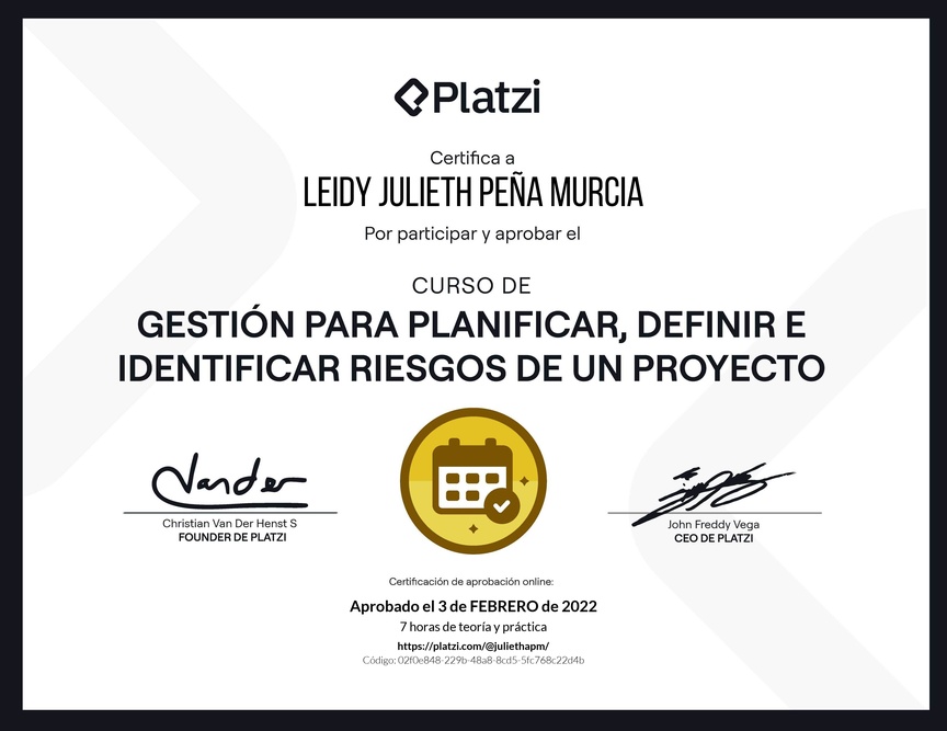 Diploma del Curso de Gestión para Planificar, Definir e Identificar Riesgos de un Proyecto