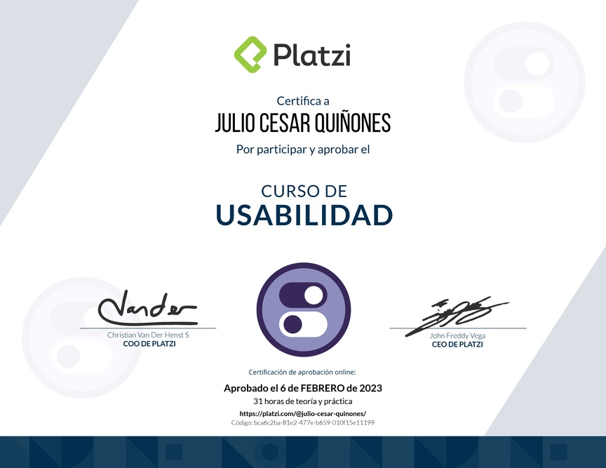 Diploma del Curso de Usabilidad: Principios, Pruebas y Herramientas Avanzadas
