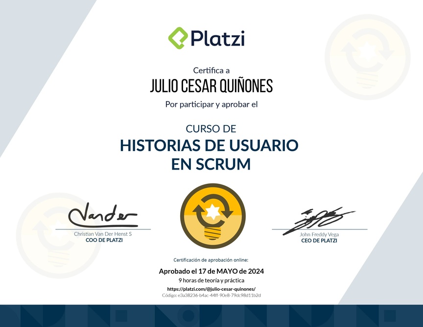 Diploma del Curso de Historias de Usuario en Scrum