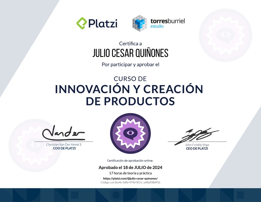 Diploma del Curso de Innovación y Creación de Productos