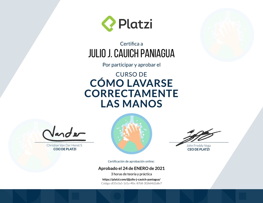 Diploma del Curso para Lavarse las Manos Correctamente