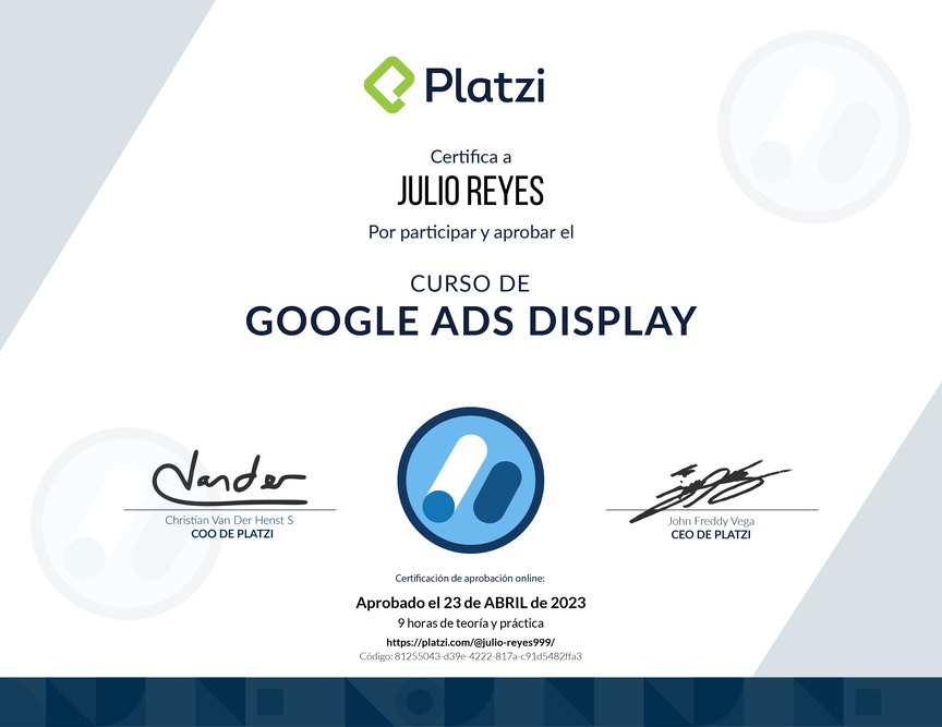 Diploma del Curso de Optimización de Campañas con Google Ads Display