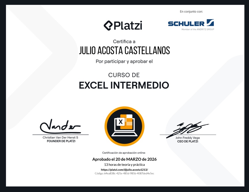 Diploma del Curso de Excel Intermedio
