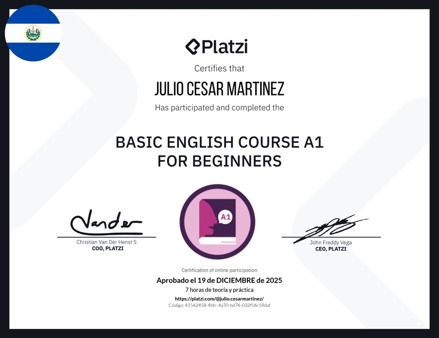 Diploma del Curso de Inglés Básico A1 para Principiantes