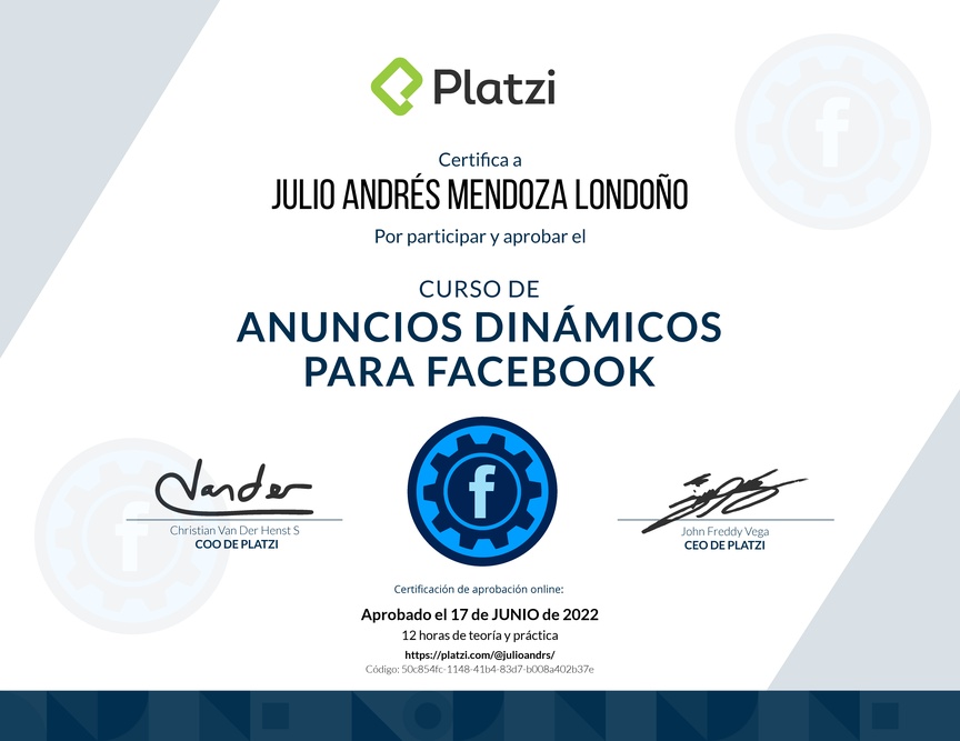 Diploma del Curso de Anuncios Dinámicos para Facebook