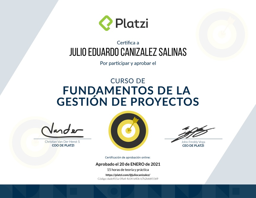 Diploma del Curso de Fundamentos de Gestión de Proyectos 2019