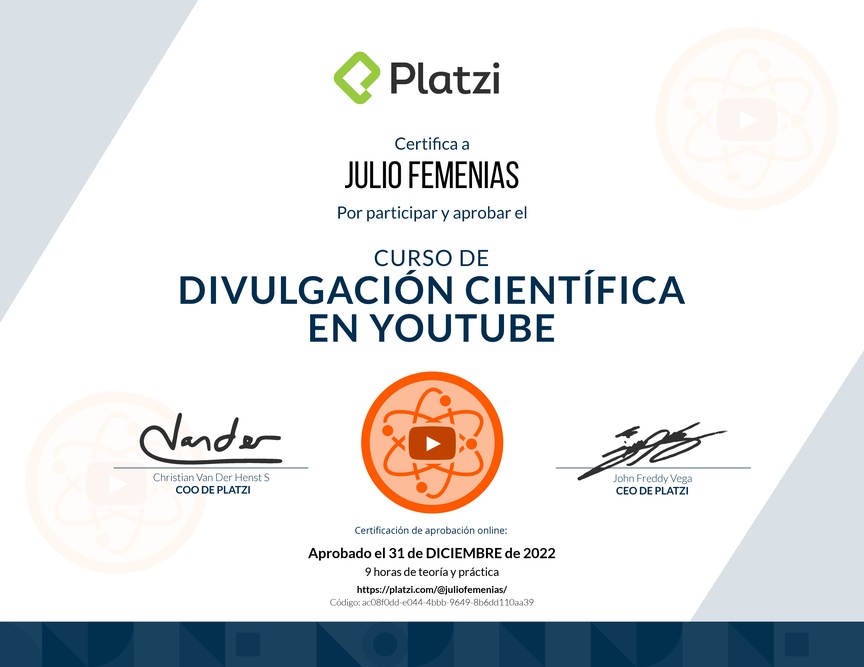 Diploma del Curso de Divulgación Educativa en YouTube