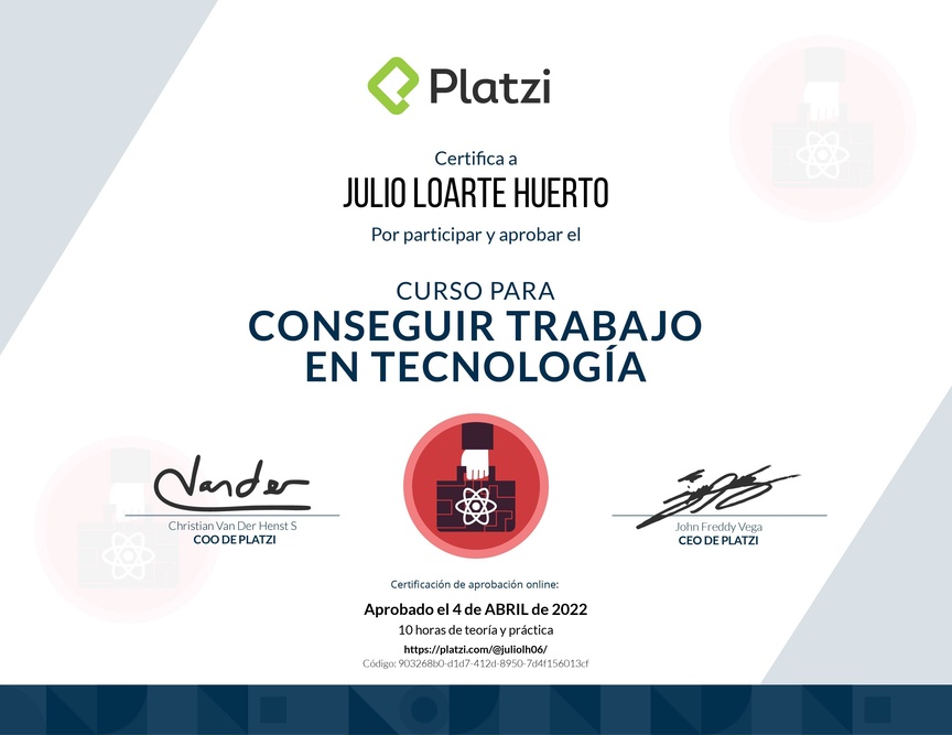 Diploma del Curso para Conseguir Trabajo en Tecnología