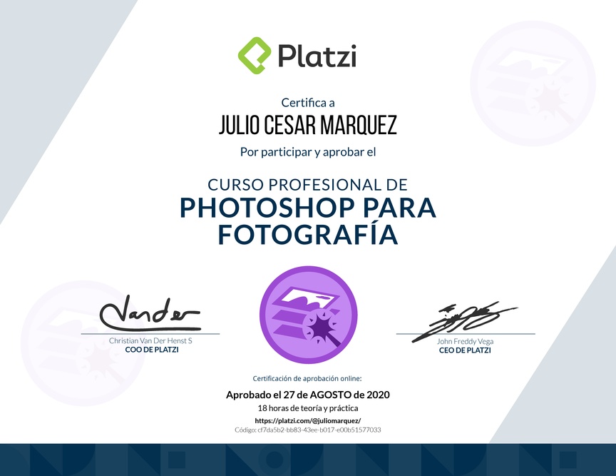 Diploma del Curso de edición de fotografías con Photoshop