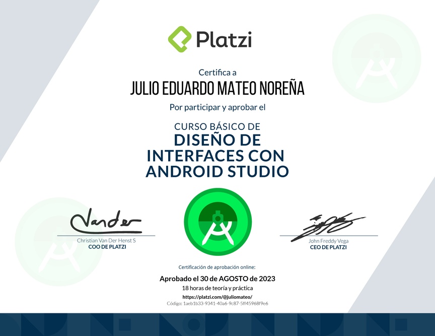 Diploma del Curso Básico de Diseño de Interfaces con Android Studio