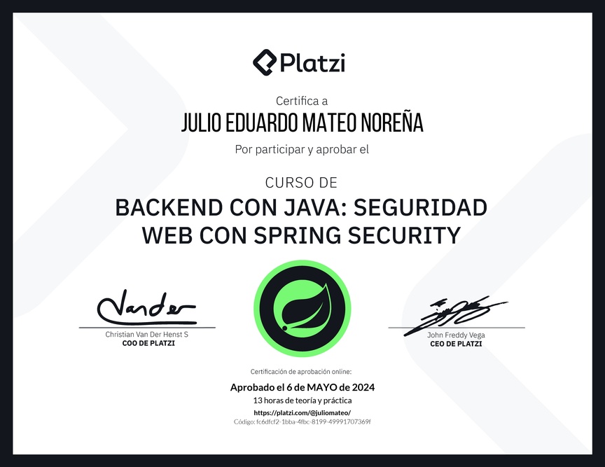 Diploma del Curso de Java Spring Security: Autenticación y Seguridad Web