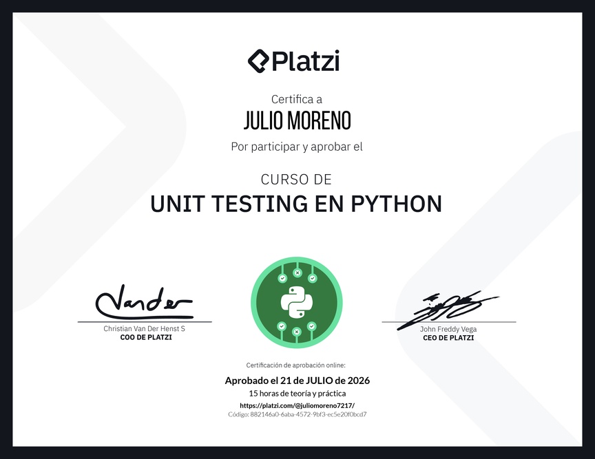 Diploma del Curso de Unit Testing en Python