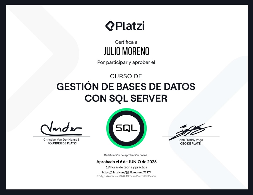 Diploma del Curso de Gestión de Bases de Datos con SQL Server