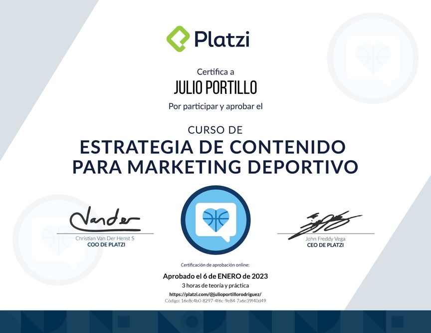 Diploma del Curso de Estrategia de Contenido para Marketing Deportivo