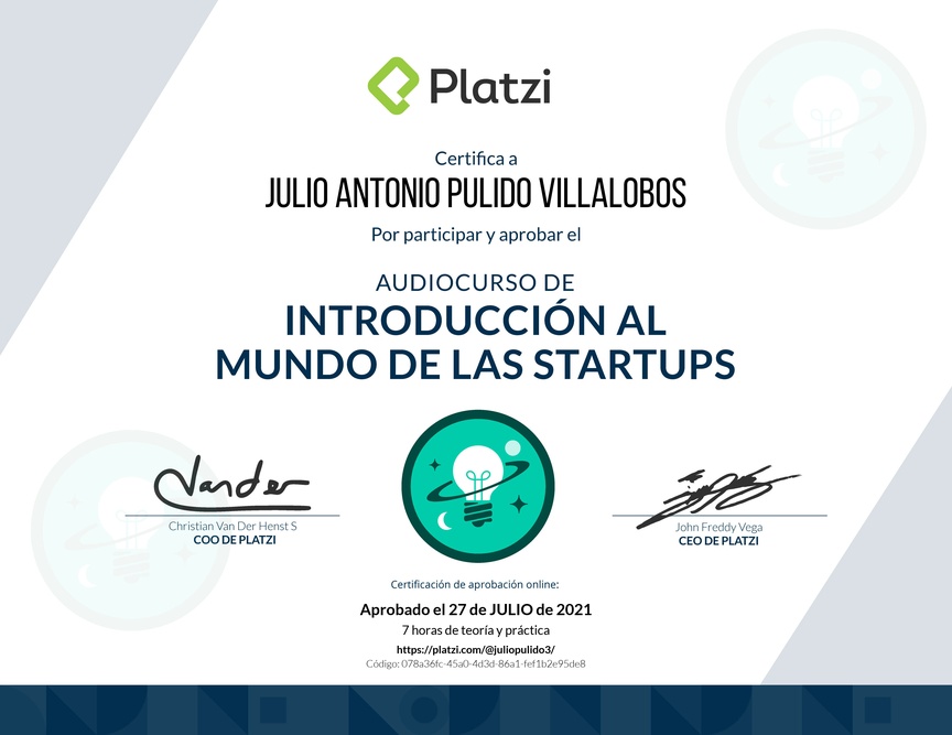 Diploma de Audiocurso de Introducción al Mundo de las Startups