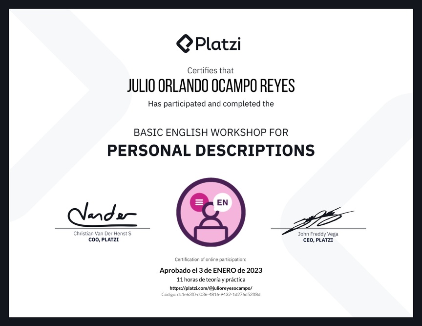 Diploma del Curso de Inglés Práctico para Descripciones Personales (2020=