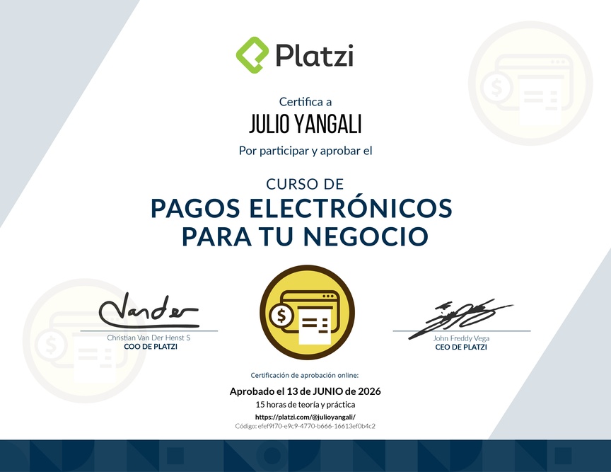 Diploma del Curso de E-Commerce para Implementar Pagos Electrónicos