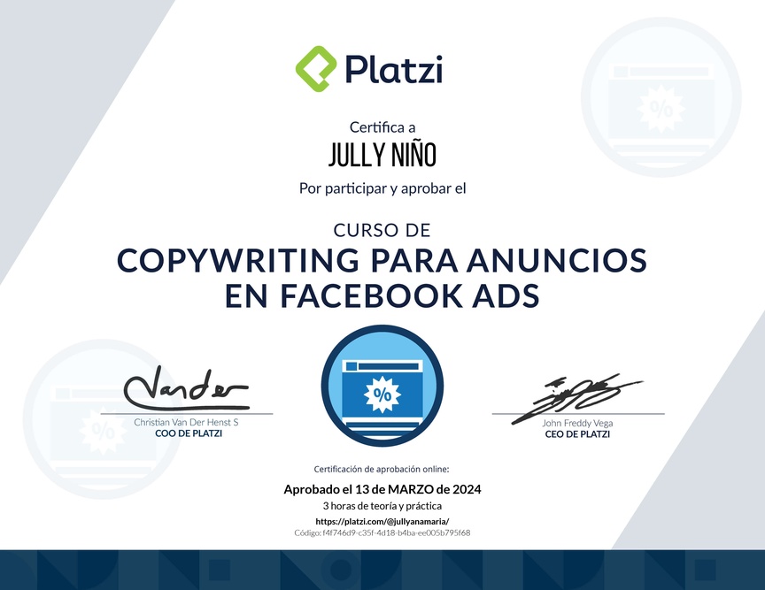 Diploma del Curso de Técnicas de Copywriting para Facebook Ads