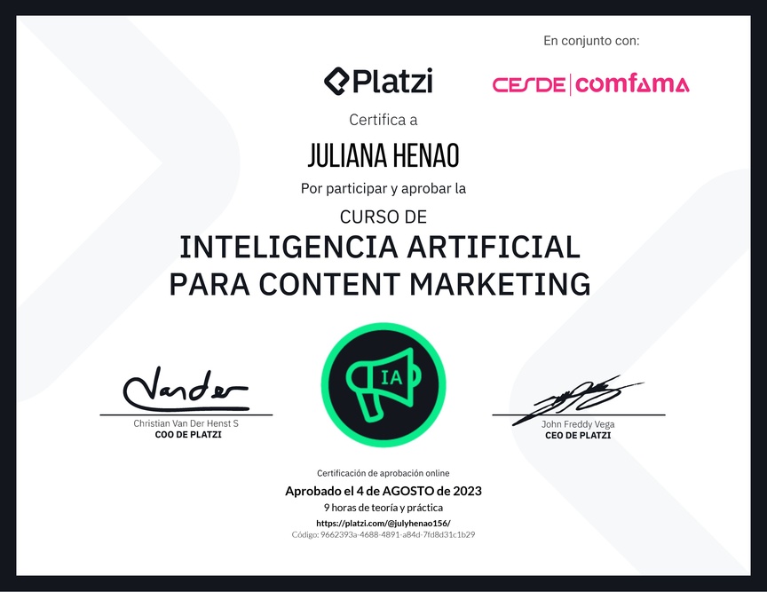 Diploma del Curso de Inteligencia Artificial para Content Marketing