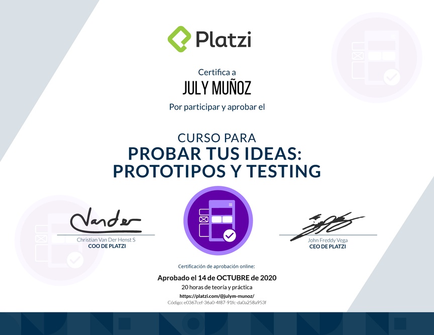 Diploma del Curso de validación de Ideas: Prototipos y Testing Exitosos