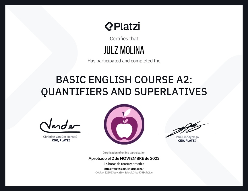 Diploma del Curso de Inglés Básico A2: Cuantificadores y Superlativos