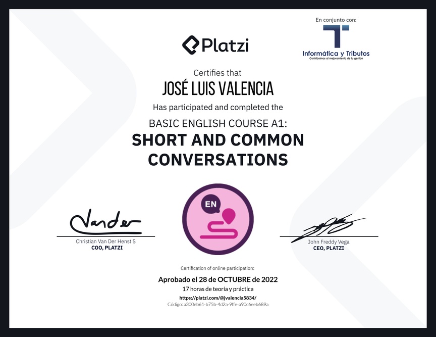 Diploma del Curso de Inglés Básico A1: Conversaciones Cortas y Habituales (2020)