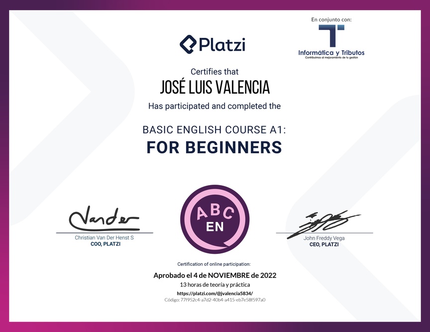 Diploma del Curso de Inglés Básico para Principiantes - (2022)