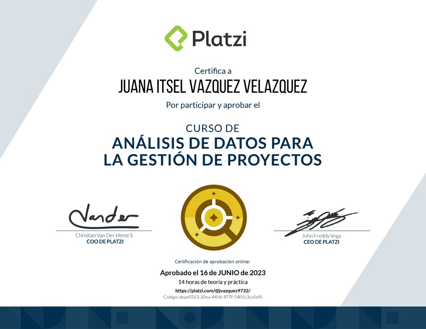 Diploma del Curso de Análisis de Datos para la Gestión de Proyectos