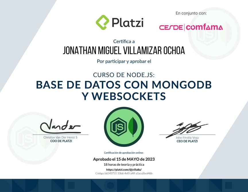 Diploma del Curso de Node.js: Base de Datos con MongoDB y WebSockets