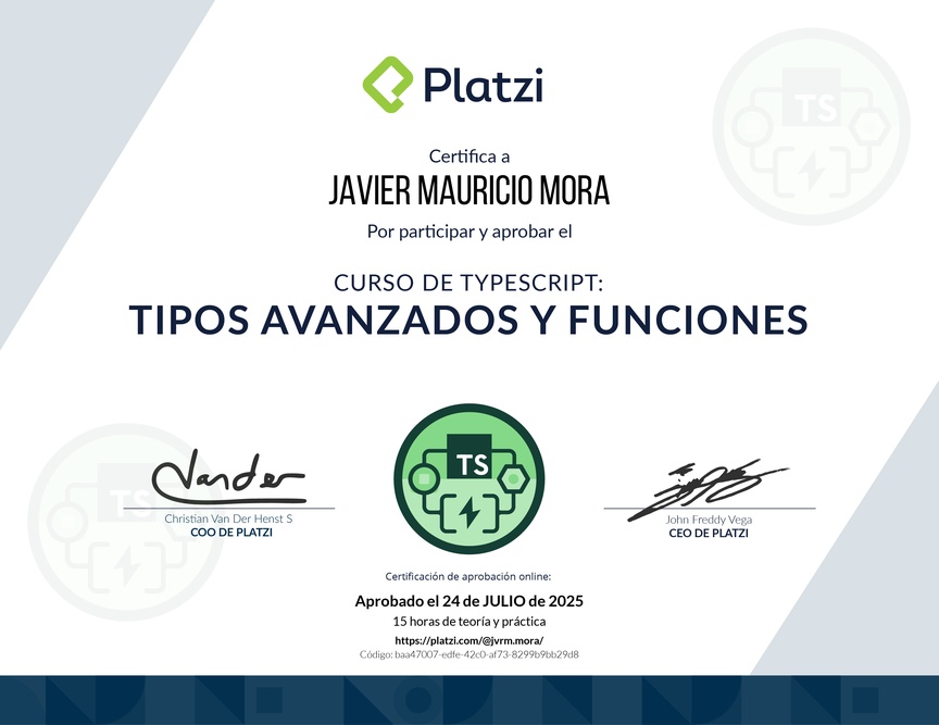 Diploma del Curso de TypeScript: Tipos Avanzados y Funciones