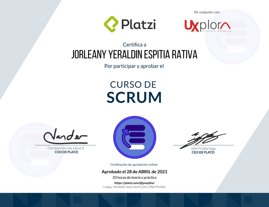 Diploma del Curso de SCRUM 2018