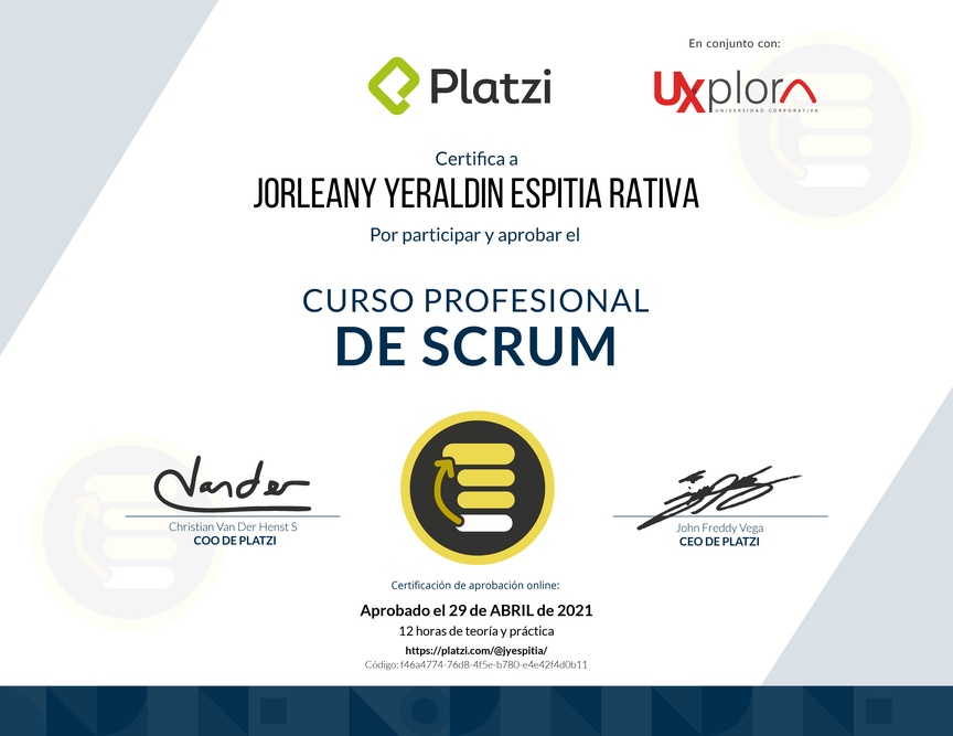 Diploma del Curso Profesional de Scrum