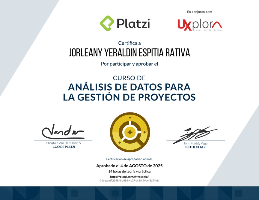 Diploma del Curso de Análisis de Datos para la Gestión de Proyectos