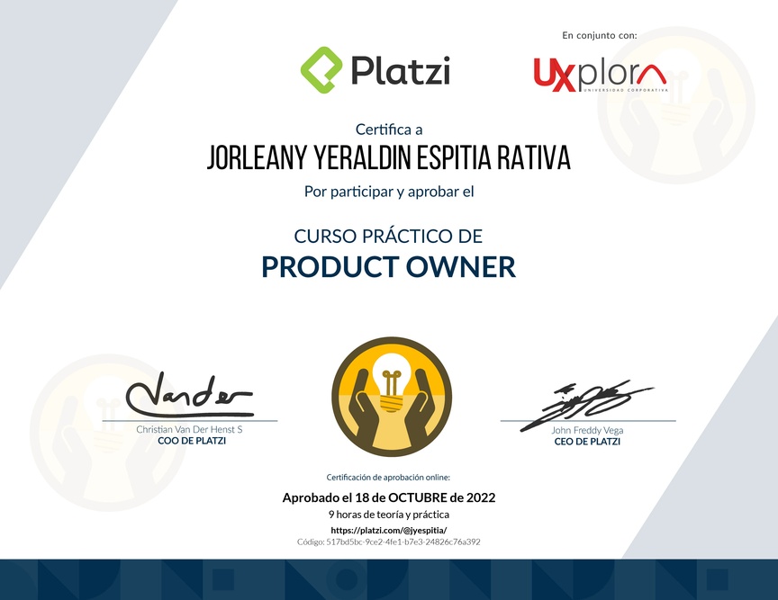 Diploma del Curso de Herramientas y Frameworks Intermedias para Product Owners