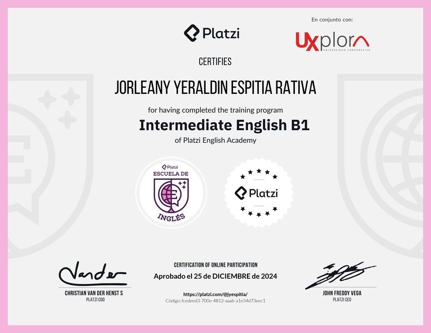 Diploma de la Ruta de Aprendizaje de Inglés Intermedio B1