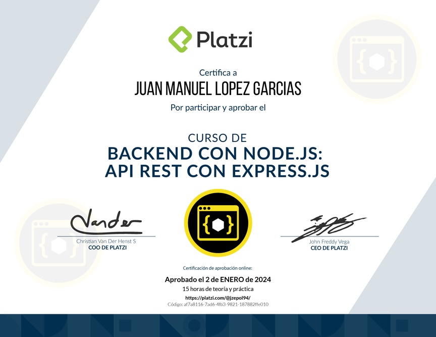 Diploma del Curso de Backend con Node.js: API REST con Express.js