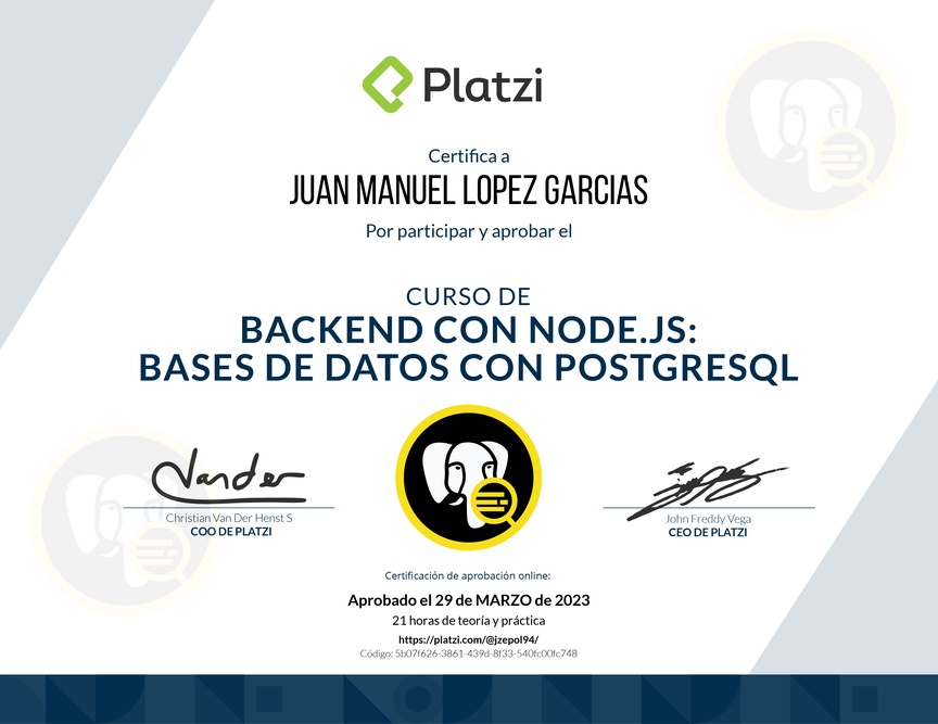 Diploma del Curso de Backend con Node.js: Base de Datos con PostgreSQL