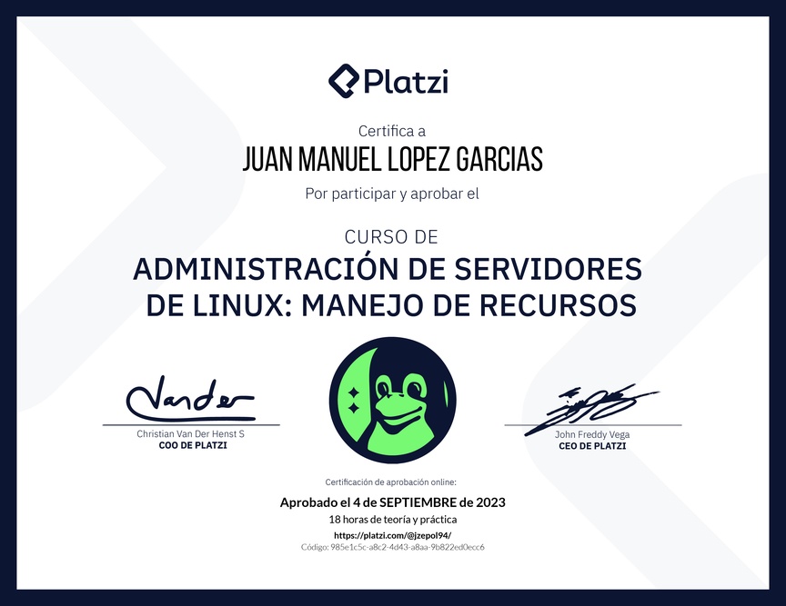 Diploma del Curso de Administración de Servidores Linux: Manejo de Recursos