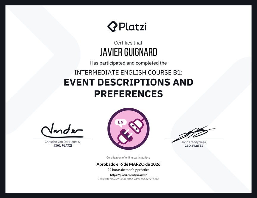 Diploma del Curso de Inglés Intermedio B1: Descripción de Eventos y Preferencias