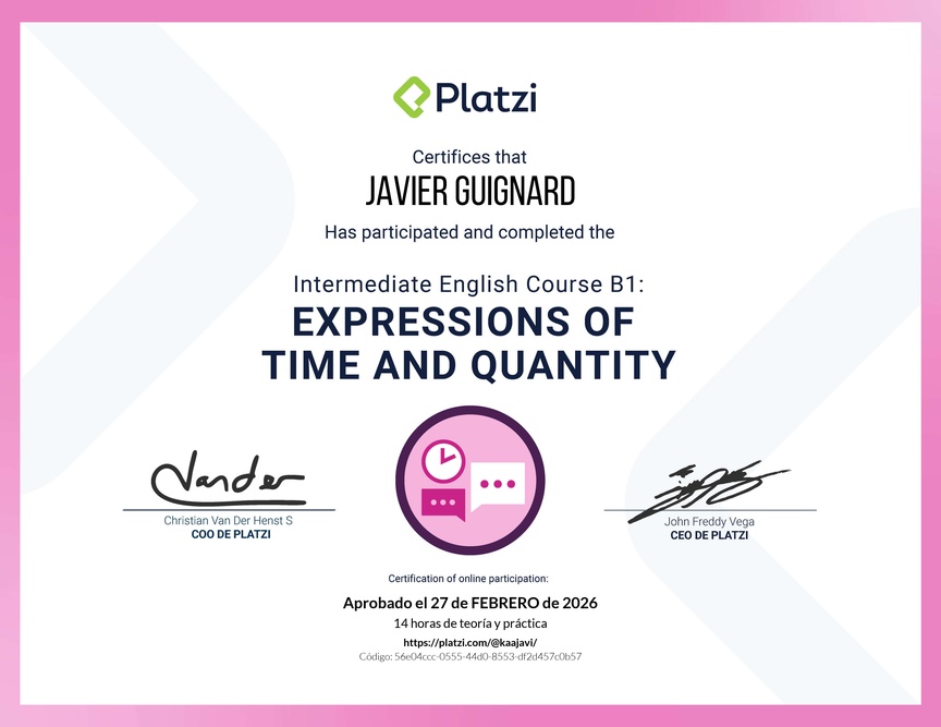 Diploma del Curso de Inglés Intermedio B1: Expresiones de Tiempo y Cantidad
