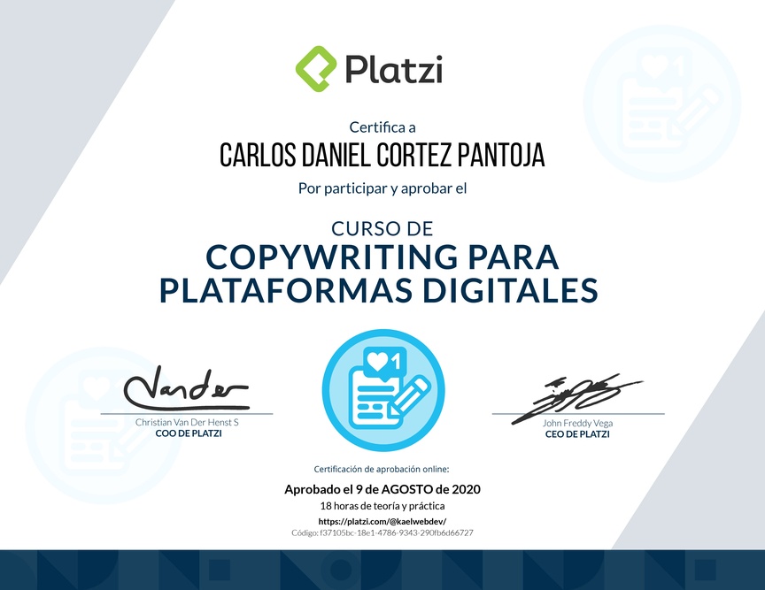 Diploma del Curso de Copywriting para Plataformas Digitales