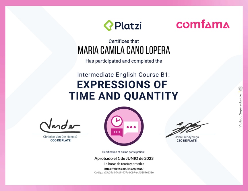 Diploma del Curso de Inglés Intermedio B1: Expresiones de Tiempo y Cantidad