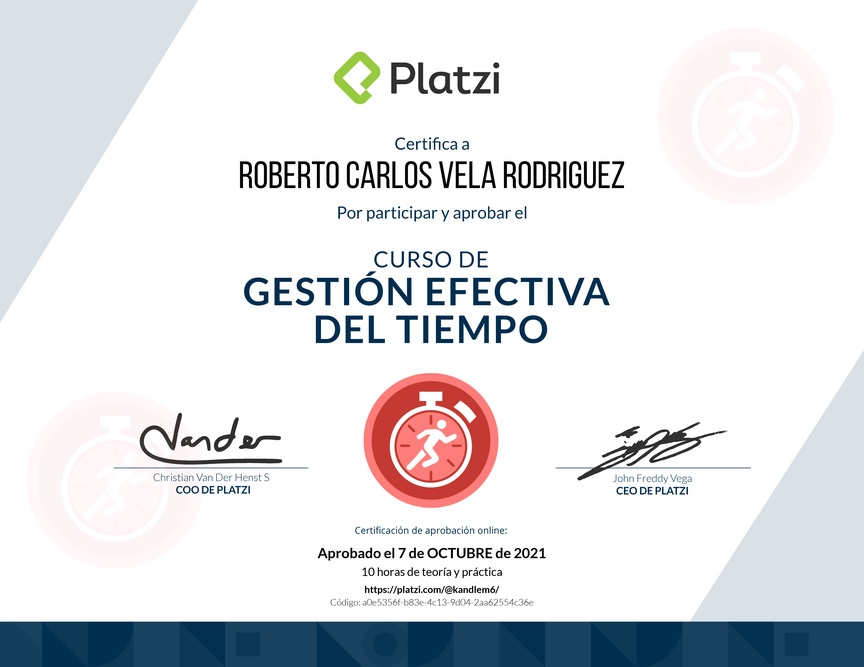 Diploma del Curso de Gestión Efectiva del Tiempo