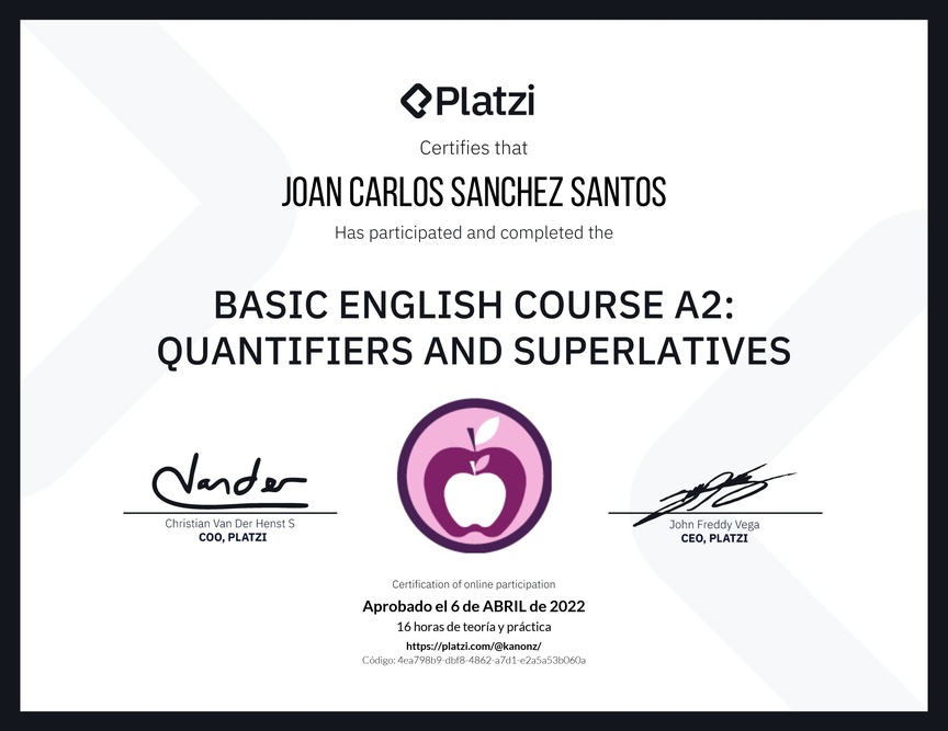 Diploma del Curso de Inglés Básico A2: Cuantificadores y Superlativos