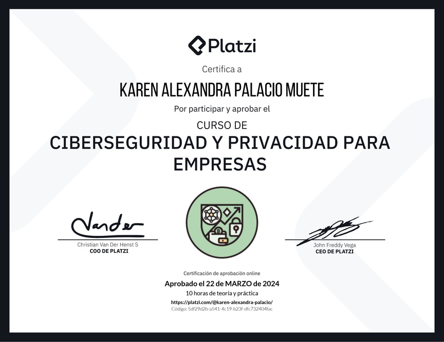 Diploma del Curso de Ciberseguridad y Privacidad Empresarial (2023)