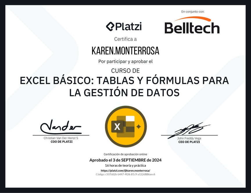 Diploma del Curso de Excel Básico: Tablas y Fórmulas para la Gestión de Datos
